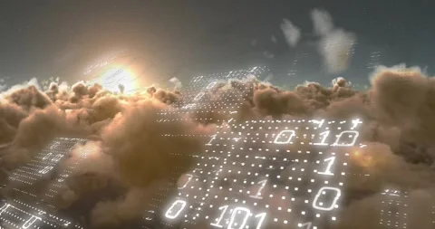 Animation of binary coding data processing against clouds and shining sun in the Stock Footage 329027785