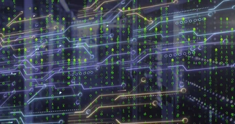 Animation of binary coding data processing over computer motherboard Stock Footage 329033043