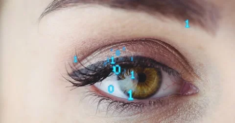 Animation of binary coding data processing over close up of woman's eye Video stock 329033654