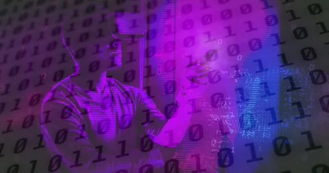 Animation of binary coding data processing with african american man in vr Stock Footage 329160350