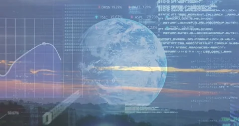 Animation of binary coding data processing over globe and landscape Stock Footage 329222701