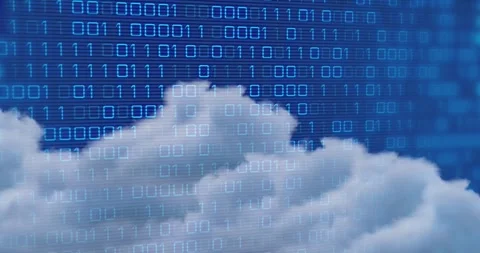 Animation of binary coding data processing over clouds on blue background Stock Footage 329284265