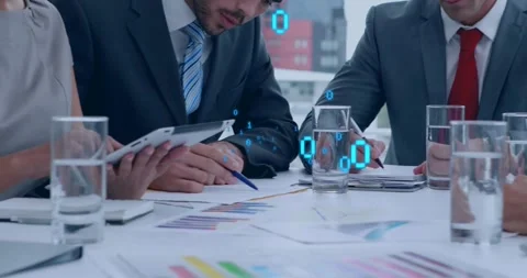Animation of binary coding data processing over diverse business people in Stock Footage 329297257