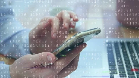 Animation of binary coding data processing over caucasian man using smartphone Stock Footage 329372041
