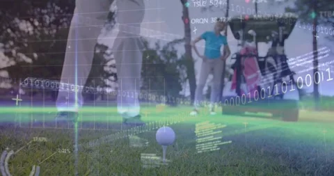 Animation of binary coding, data processing over male golf player on golf course Vidéo 329421164