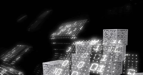 Animation of binary coding data processing over cubes with maze Stock Footage 329488578