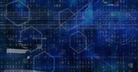 Animation of binary coding data processing over computer servers in background Stock Footage 329563247