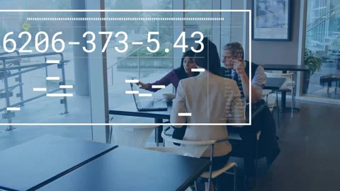 Animation of binary coding data processing over smiling delivery man Stock Footage 329568935