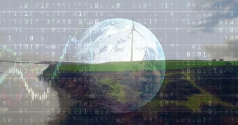 Animation of binary coding data processing over globe and landscape Stock Footage 329691796