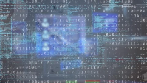 Animation of binary coding data processing over screen on blue background Stock Footage 329971504