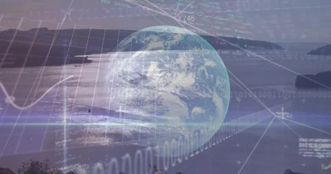 Animation of binary coding data processing over globe and landscape Stock Footage 329986009