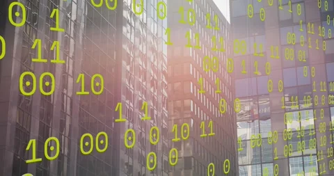 Animation of binary coding data processing against tall buildings Stock Footage 330058581