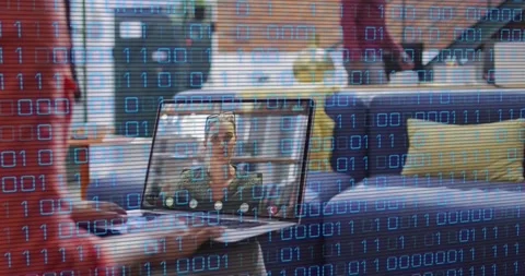 Animation of binary coding data processing over caucasian businesswoman on Stock Footage 330339026