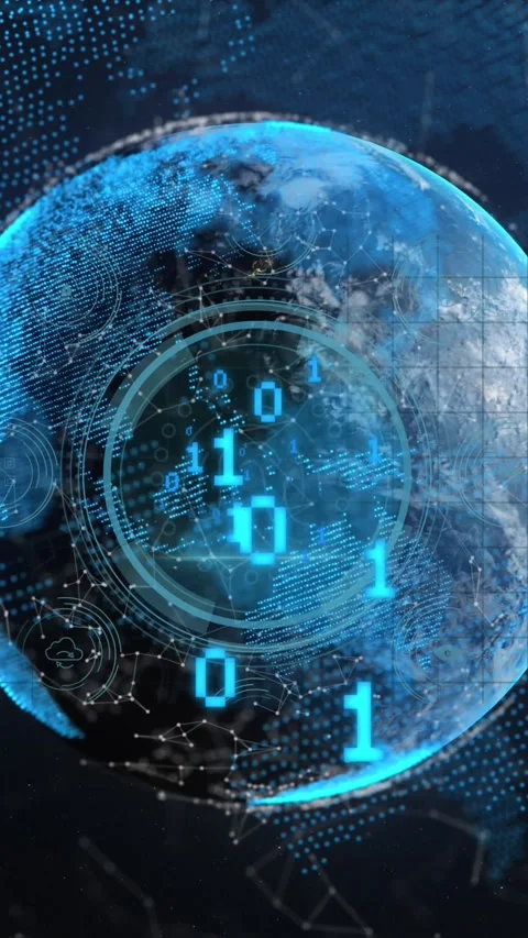 Animation of binary coding data processing over globe Video stock 342600796