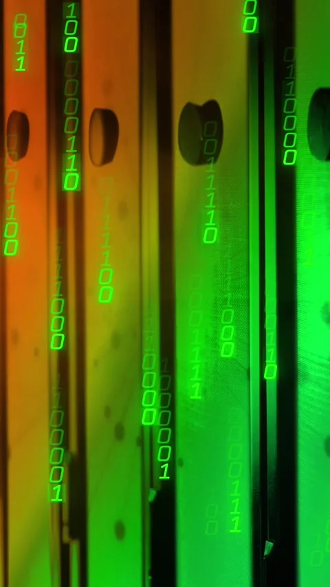 Animation of binary coding data processing against computer server room Video stock 342601179