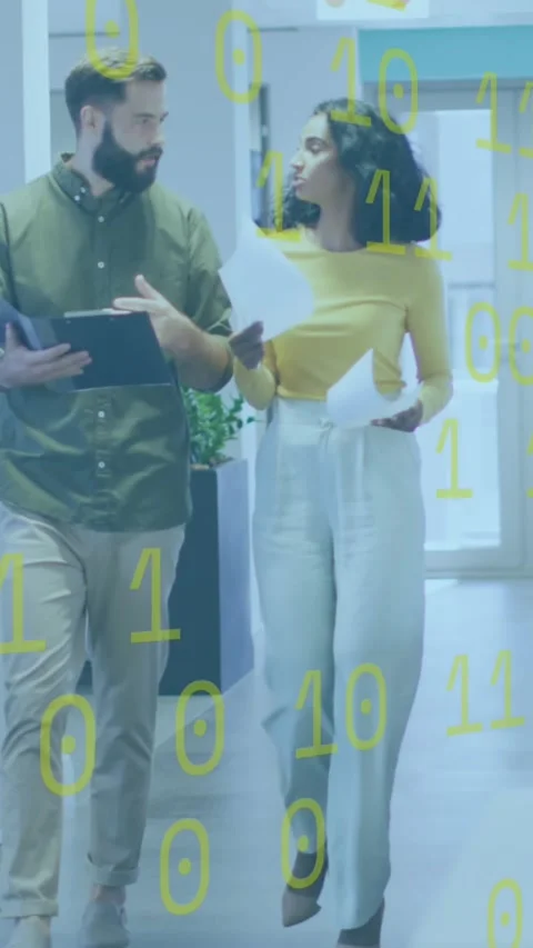 Animation of binary coding data processing over diverse business people in Video stock 342642863