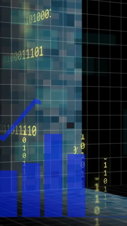 Animation of binary coding, data processing and statistics over dark background Stock Footage 342915893