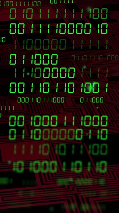Animation of binary coding data processing over circuit board on black Video stock 343499202