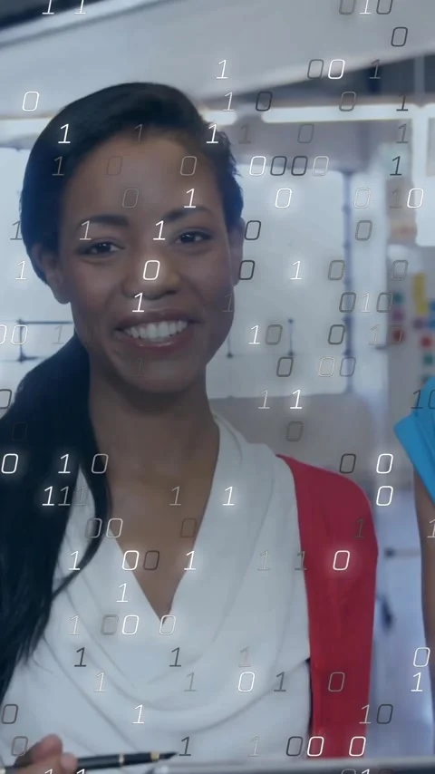 Animation of binary coding data processing over diverse business people in Video stock 343505144