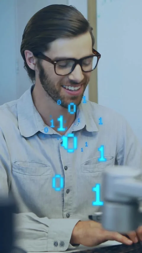 Animation of binary coding data processing over caucasian businessman in office Video stock 343505155