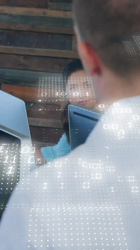Animation of binary coding data processing over diverse business people in 스톡 동영상 343505169