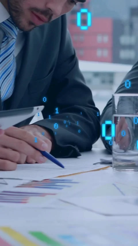 Animation of binary coding data processing over diverse business people in 스톡 동영상 343505172
