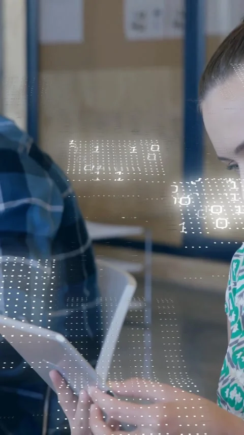 Animation of binary coding data processing over diverse business people in 스톡 동영상 343505184