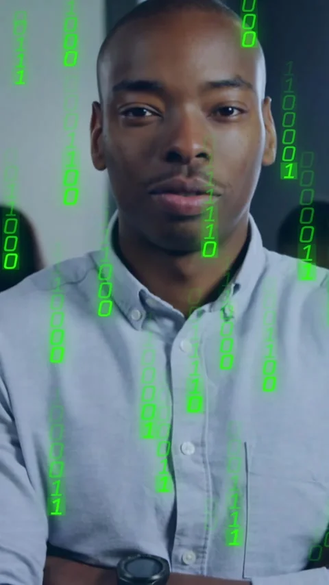 Animation of binary coding data processing over diverse business people in Video stock 343505294