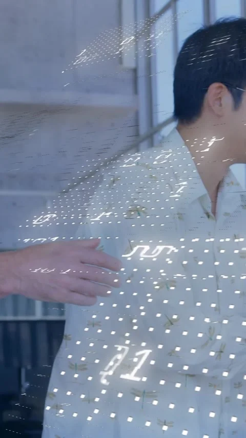 Animation of binary coding data processing over diverse business people in 動画素材 343548196