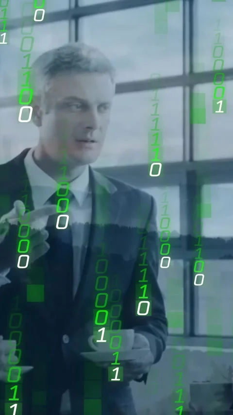 Animation of binary coding data processing over diverse business people in 스톡 동영상 343548200