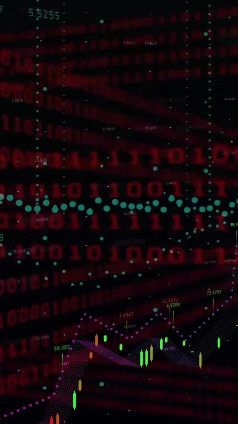 Animation of binary coding data processing over grid on dark background 스톡 동영상 343866684