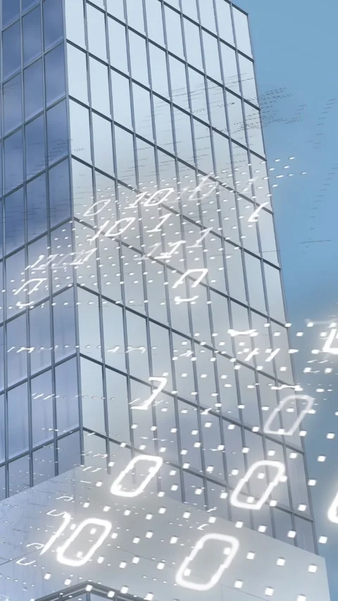 Animation of binary coding data processing over modern office buildings 스톡 동영상 343920774