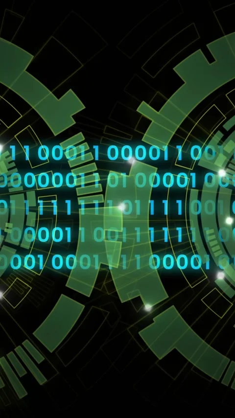 Animation of binary coding data processing over scopes on black background 스톡 동영상 343954498