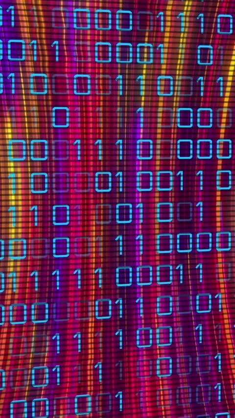 Animation of binary coding data processing against colorful light trails in Stock Footage 343996700