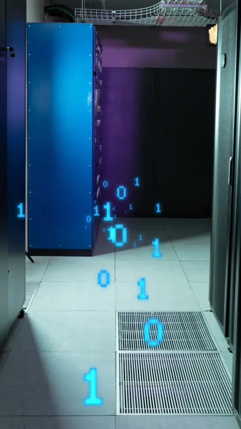 Animation of binary coding data processing against computer server room 库存影片 344636547