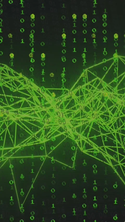 Animation of binary coding data processing over green connections 库存影片 344693316