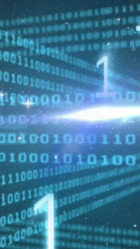 Animation of binary coding data processing and light spot against blue 库存影片 344723351