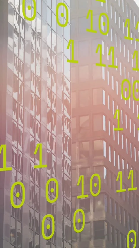 Animation of binary coding data processing against tall buildings Vídeos de archivo 344783263
