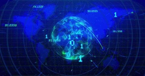 Animation of binary coding digital data processing over globe and world map Stock Footage 310032587