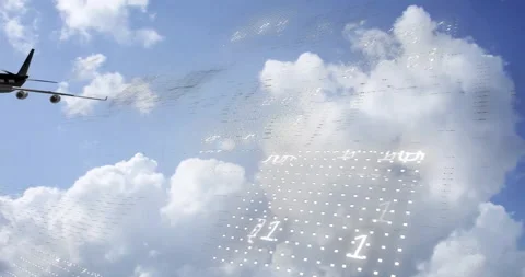 Animation of binary coding digital data processing over plane and clouds Stock Footage 310221343