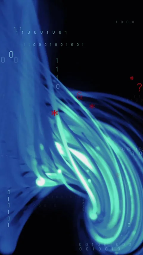 Animation of binary coding digital data processing over blue light trails Stock Footage 320379210
