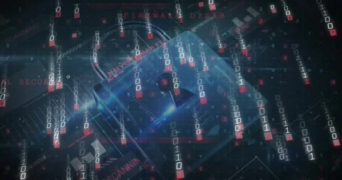 Animation of binary coding, digital data processing and padlock on dark Stock Footage 327524713