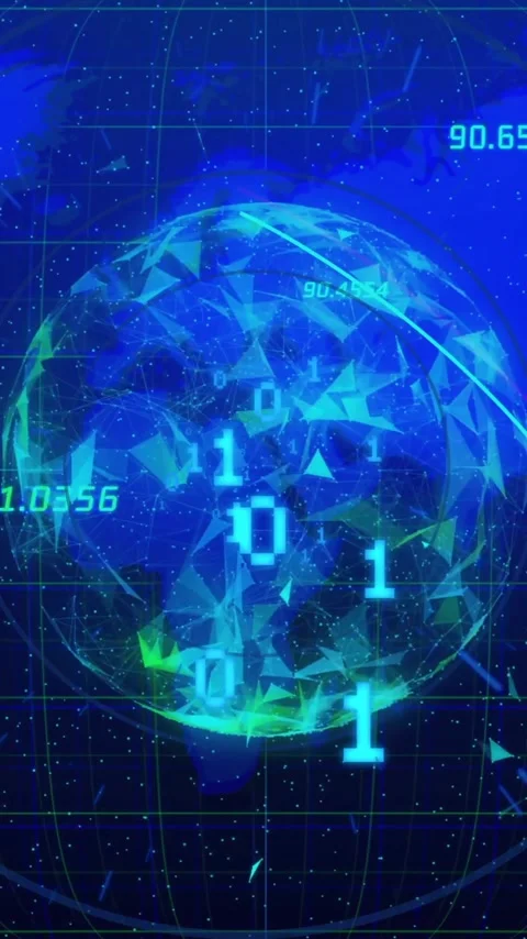 Animation of binary coding digital data processing over globe and world map Video stock 342708029