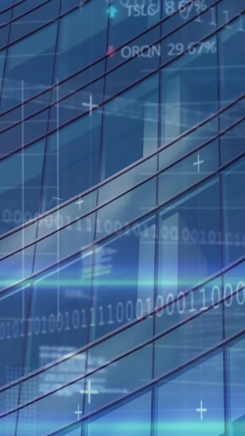 Animation of binary coding, financial data processing over office building Stock Footage 319370992