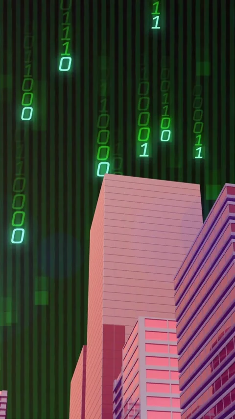 Animation of binary coding, financial data processing over bank buildings Stock Footage 320759158