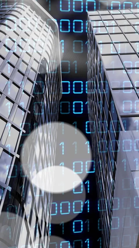 Animation of binary coding, financial data processing over bank buildings Stock Footage 323782769