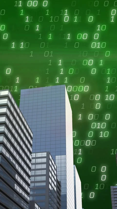 Animation of binary coding, financial data processing over bank buildings Video stock 342609588