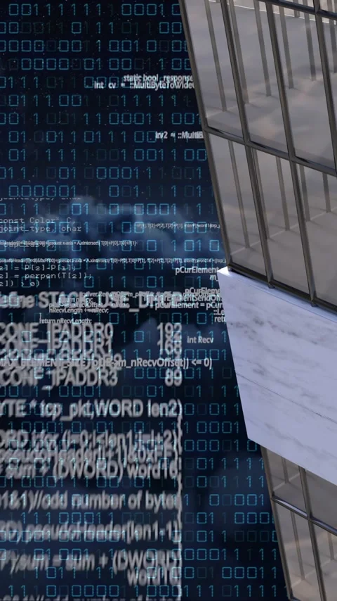 Animation of binary coding, financial data processing over bank building Stock-Footage 342643531