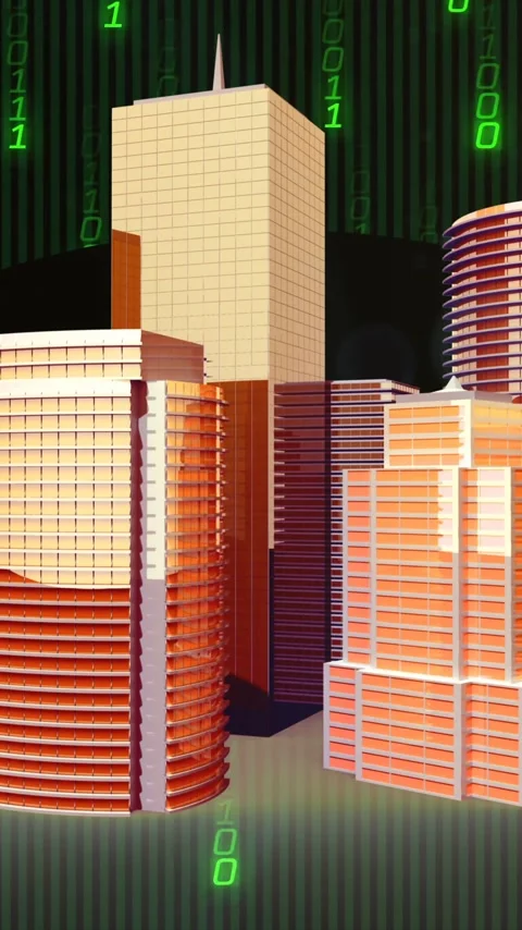 Animation of binary coding, financial data processing over cityscape Stock Footage 343714593