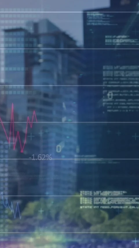 Animation of binary coding, financial data processing over cityscape 库存影片 344774389